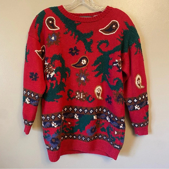 Vintage Maurices Hand Knit Sweater size Medium red green paisley 80s 90s - Picture 1 of 10